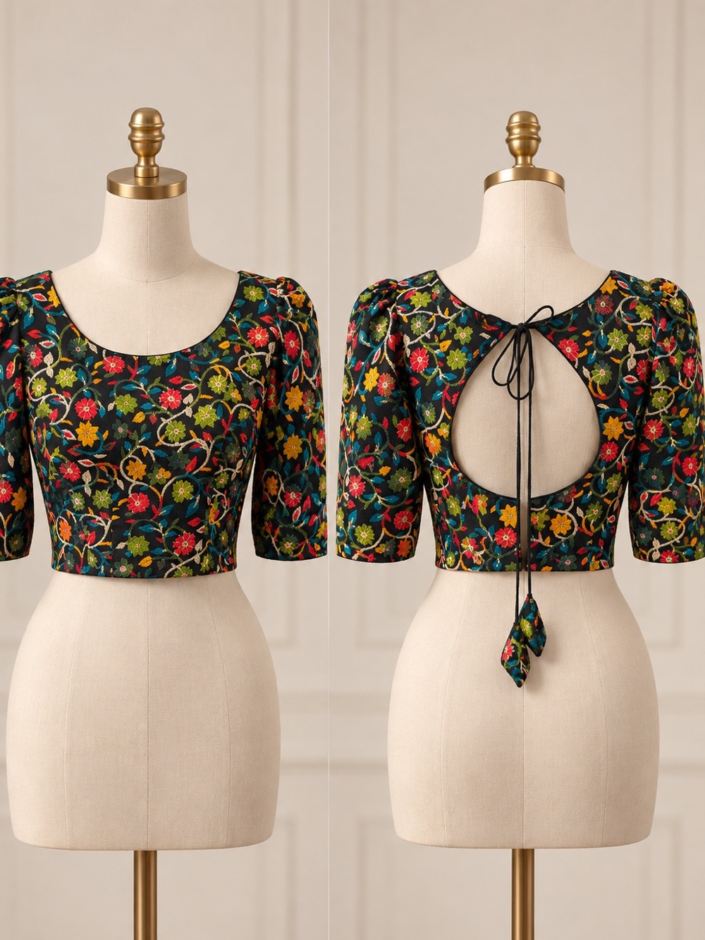 Floral Embroidered Black Cropped Blouse with Back Keyhole
